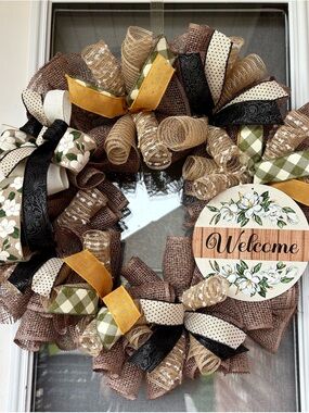 Magnolia Welcome Brown Mesh Natural Olive Gold Burlap Wreath